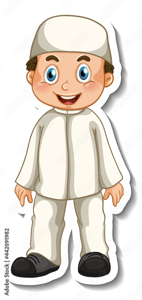 A sticker template with Muslim boy in standing pose cartoon character A sticker template with Muslim boy in standing pose cartoon character