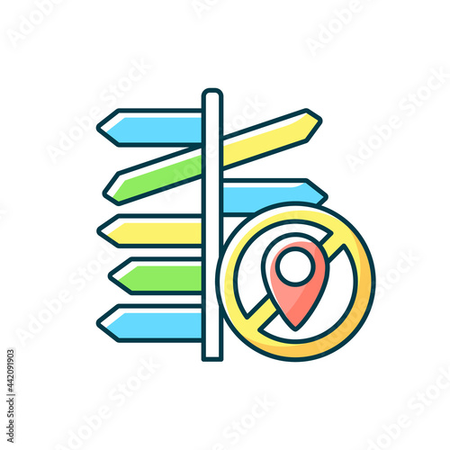No destination travel RGB color icon. Signpost with different directions. Restriction in location. Isolated vector illustration. Tourism industry limitation simple filled line drawing