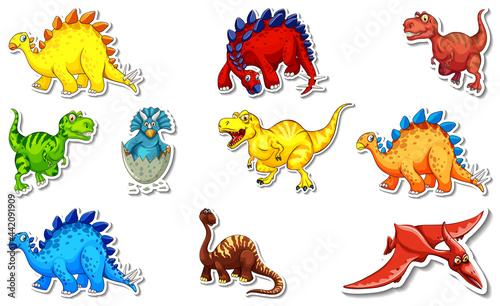 Sticker set with different types of dinosaurs cartoon characters