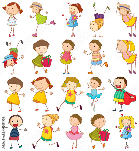 Set of different doodle kids cartoon character isolated