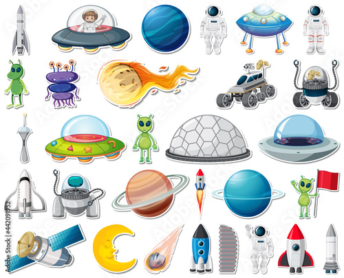 Set of stickers with Solar system objects isolated
