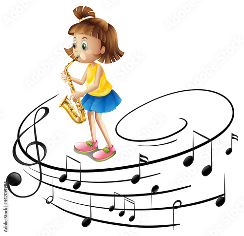 Cartoon character of a girl playing saxophone with musical melody symbols