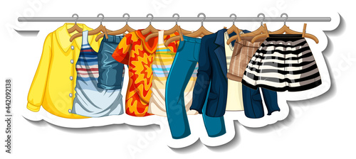 A sticker template of Clothes racks with many clothes on hangers on white background