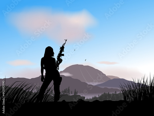 Girl with weapons in her hands. Sky, mountains, trees. Colorful vector image.