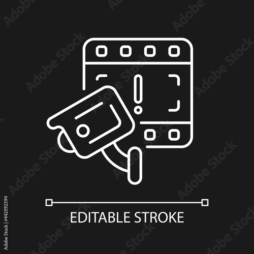CCTV camera boon to investigation white linear icon for dark theme. Detecting offences. Thin line customizable illustration. Isolated vector contour symbol for night mode. Editable stroke