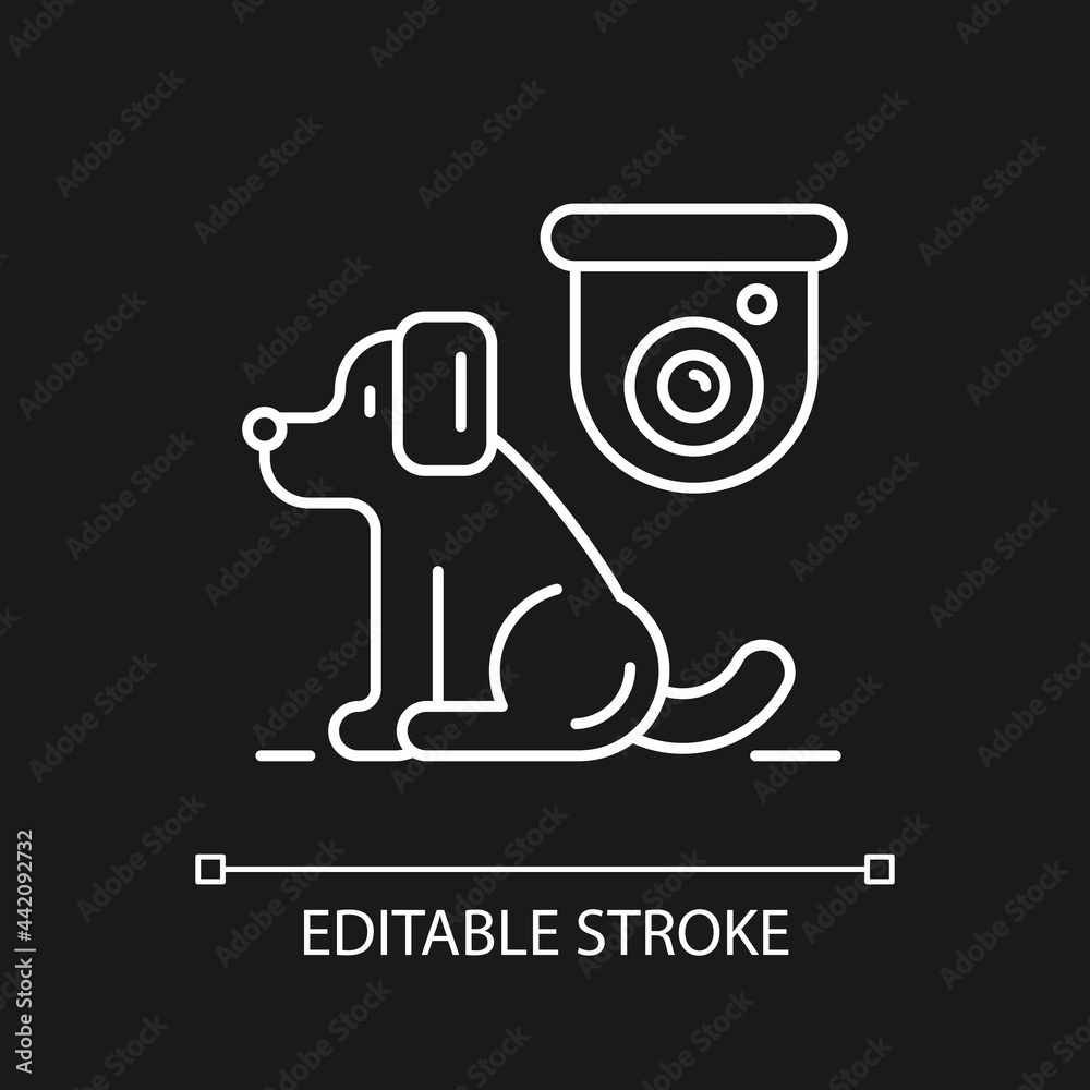 Pet control camera white linear icon for dark theme. Monitoring cats, dogs safety. Animals in house. Thin line customizable illustration. Isolated vector contour symbol for night mode. Editable stroke Pet control camera white linear icon for dark theme. Monitoring cats, dogs safety. Animals in house. Thin line customizable illustration. Isolated vector contour symbol for night mode. Editable stroke