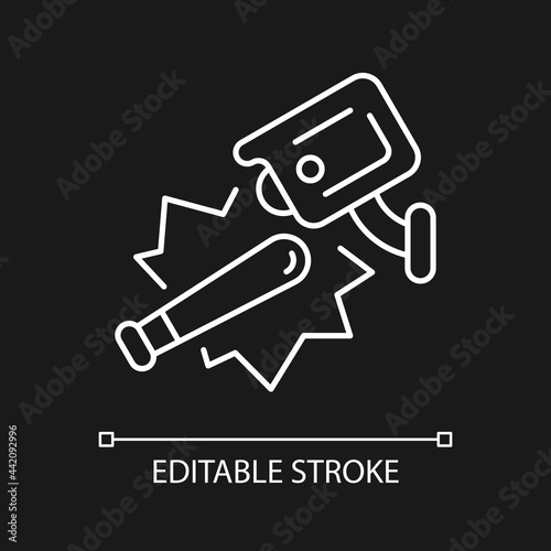 Public safety with video surveillance white linear icon for dark theme. Decreasing vandalism risk. Thin line customizable illustration. Isolated vector contour symbol for night mode. Editable stroke
