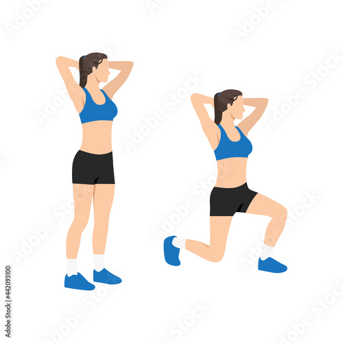 Woman doing Alternating reverse lunge exercise. Flat vector illustration isolated on white background