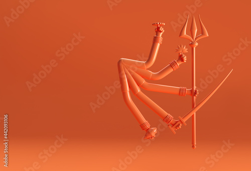 3D Render Happy Durga Puja Background Goddess Durga Festival Woman Hand with Sword and Triden. photo