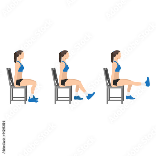 Woman doing leg extensions on chair at home exercise. Flat vector illustration isolated on white background