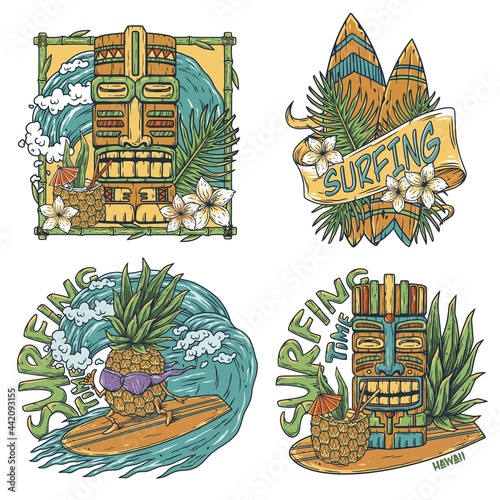 Surfing board. Trendy hawaii surf or surfboard for tiki bar. Traditional ethnic hawaiian board. Tribal summer surfer