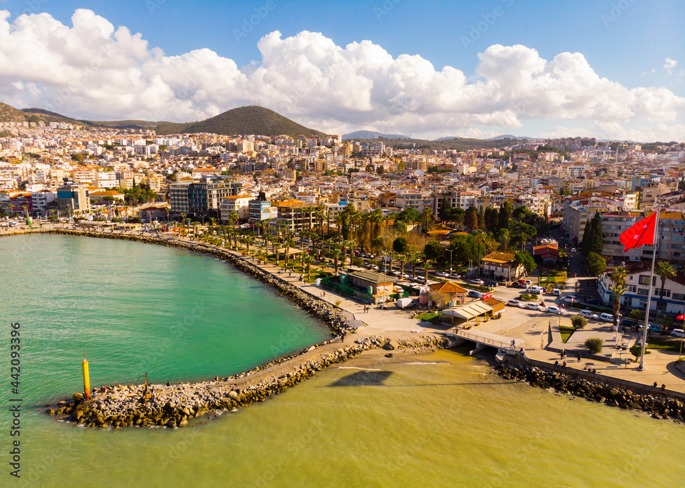 View from drone of large resort town of Kusadasi on Turkey Aegean coast on sunny day, Aydin Province