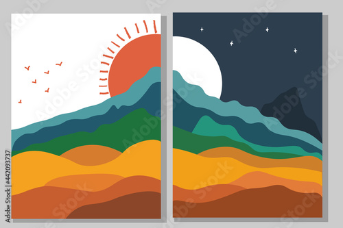 Abstract Arrangements. Landscapes, mountains, night, milky way, moon. Posters. ivory, beige vector Illustration with burnt color. Modern print set. Wall art