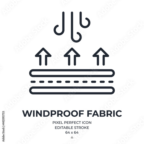 Windproof fabric feature tag editable stroke outline icon isolated on white background flat vector illustration. Pixel perfect. 64 x 64.