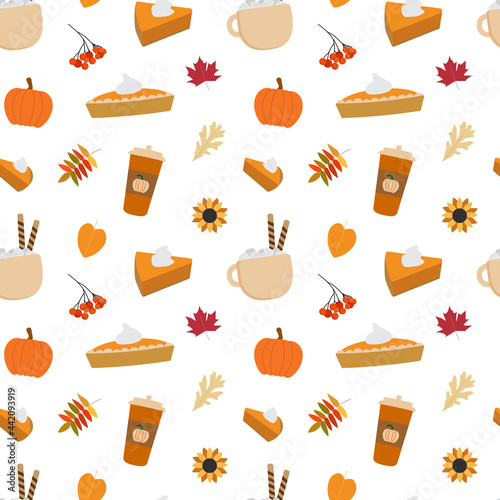 Fall vector seamless pattern. Pumpkin spice coffee mugs, pumpkin pies, slices, leaves. Isolated on white background.
