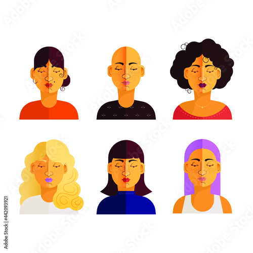Beautiful female avatar collection. User faces with different hairstyle. Trendy fashion modern style. Flat Cartoon Character design.