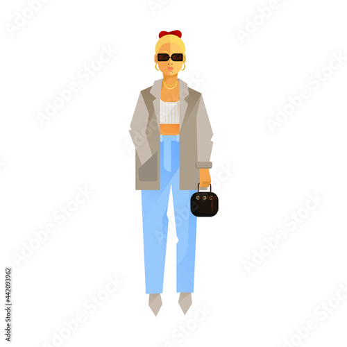 Vector Illustration of Beautiful Women in Fashion Clothes and Sunglasses with Bag. Flat concept. Trendy style. Social Media Template.