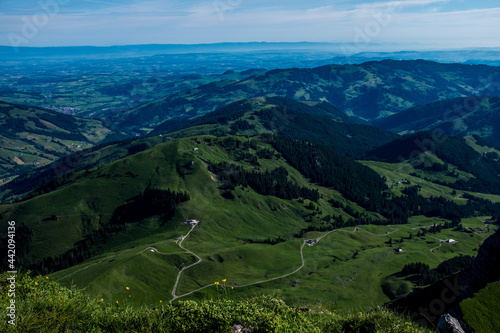 Landscape view of the swiss Alps, with blue sky in the background, shot from the 
