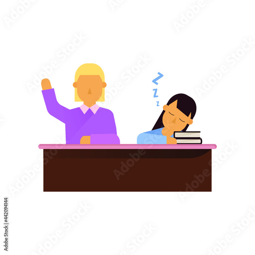School Students Sitting at Desks Visiting Lecture. Female Characters Learning. Girl holding hand to answer. Tired girl sleep at the table with books. Cartoon Vector Illustration.