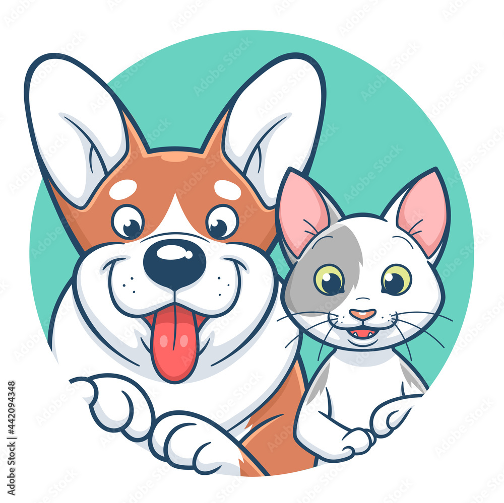 Obraz premium Cute cartoon cat and corgi dog in circle. Vector illustration.