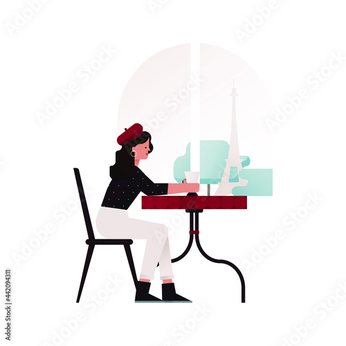 Young Fashion Female Sitting in Cafe with Beautiful View Drinking Beverage, Looking Through the Windows on Isolated Background. Fashion Concept. Website Template. Landing Page.
