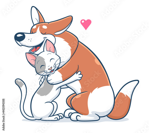 Cartoon cat and dog hugs. Cute cartoon cat and corgi dog hugs. Vector illustration. 