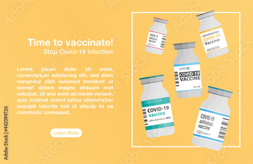 Covid vaccine bottle background. Time to vaccinate poster. Covid-19 influenza therapy, prevention of coronavirus infection pandemic, healthcare, vaccination, immunization concept. Flat vector eps10.