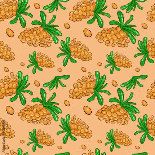 A pattern with berries. Background of sea buckthorn bushes. Seamless vector background.