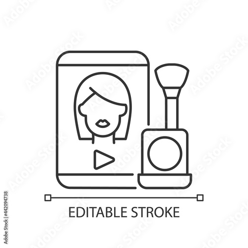Make up tutorial videos linear icon. Beauty vlog. Online creator on women style. Beautician blog. Thin line customizable illustration. Contour symbol. Vector isolated outline drawing. Editable stroke