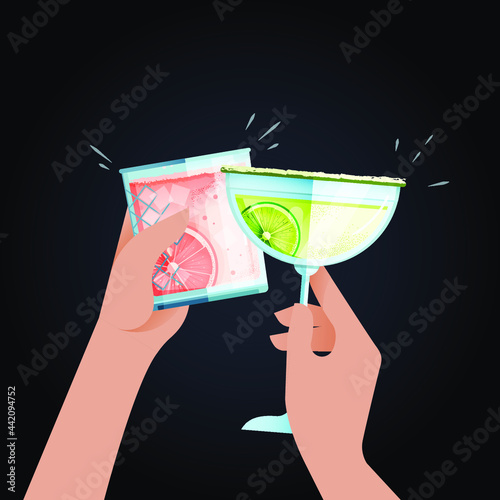 Modern Flat Vector Concept Illustrations. Social Media Ads with Hands Holding Cocktails. Celebration. Cheers. Poster Concept. Web Banner. 