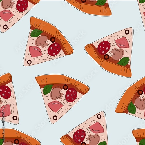 Pattern with slices of pizza in a hand-drawn style on a bare background. Pizza with ham, mushrooms, pepperoni, olives