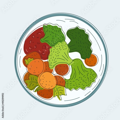 Plate with meatballs, broccoli and lingonberry sauce. National cuisine of Sweden