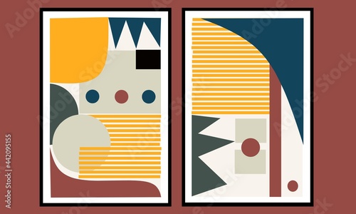 Set two of abstract Geometric mid century modern wall art. Geometry shapes wall decor. Minimalist wall Decorations. Home Decorations, greetings cards, background, poster, wallpaper, invitation.