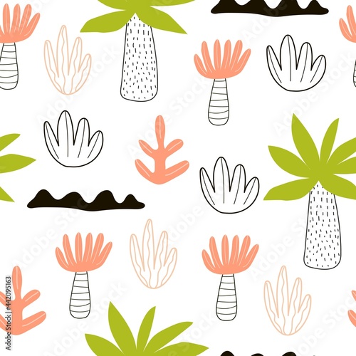 seamless pattern with cartoon plants, palm. Colorful vector flat style for kids. hand drawing. baby design for fabric, print, wrapper, textile © Ann1988