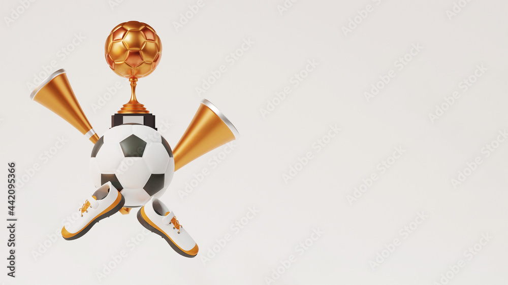 3D render of golden winning trophy, football and shoes against plain background.