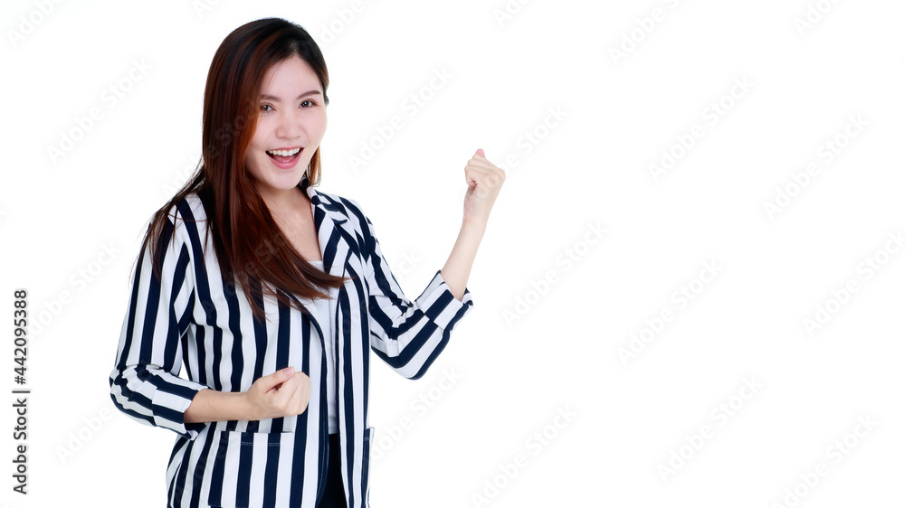 Portrait of beautiful young healthy Asian woman on black and white stripe suit standing and posing advertising gestures on white background Portrait of beautiful young healthy Asian woman on black and white stripe suit standing and posing advertising gestures on white background