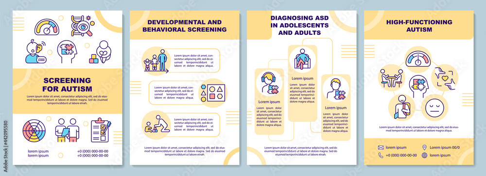 Screening for autism brochure template. Developmental of body. Flyer, booklet, leaflet print, cover design with linear icons. Vector layouts for presentation, annual reports, advertisement pages