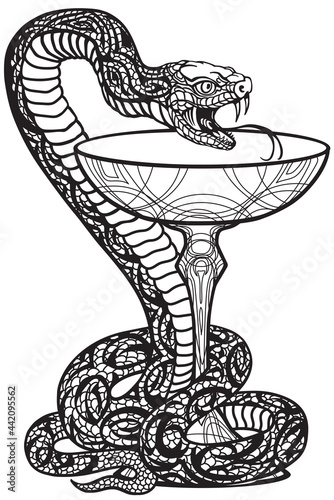 Bowl of Hygieia with a snake twined around it. Symbol of medicine and pharmacy. Black and white graphic style vector illustration