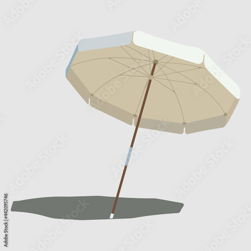 Vector illustration. Beach beige umbrella with a shadow under it. The symbol of the holiday by the sea.