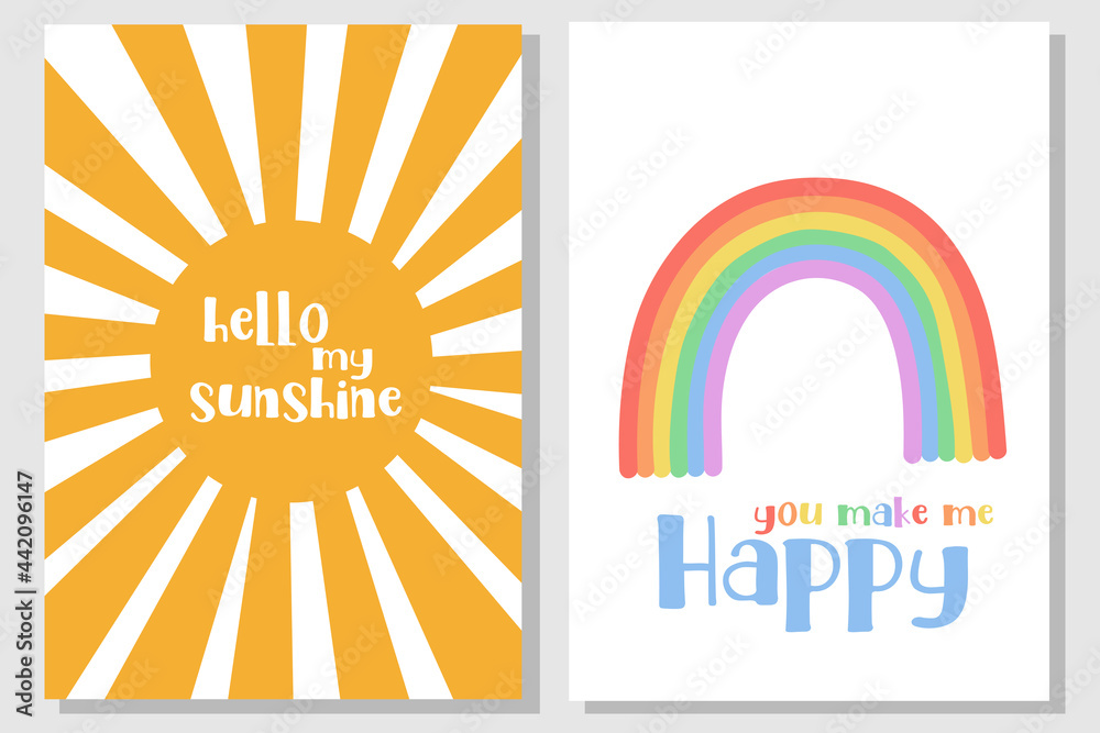 Fototapeta premium Kids posters set. Childish typography print room with rainbow decoration Hello My Sunshine Vector Illustration