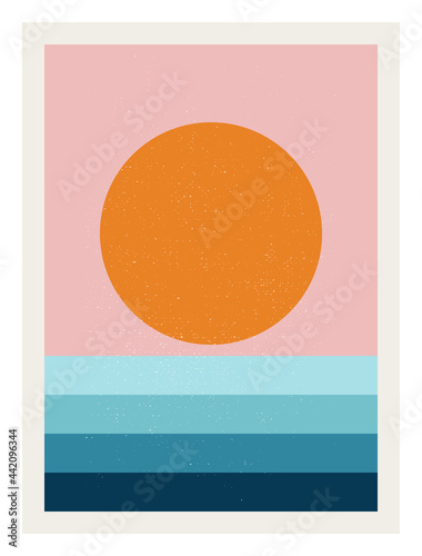 Abstract  sunrise or sunset  wall art poster. Modern artwork in scandinavian nordic style . Inspired by mid century modern design. Vector background with isolated texture and simple geometric shape