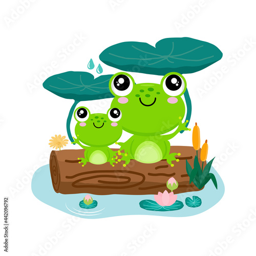 Happy Mother's Day Greeting Card. Mom and baby frog cartoon.