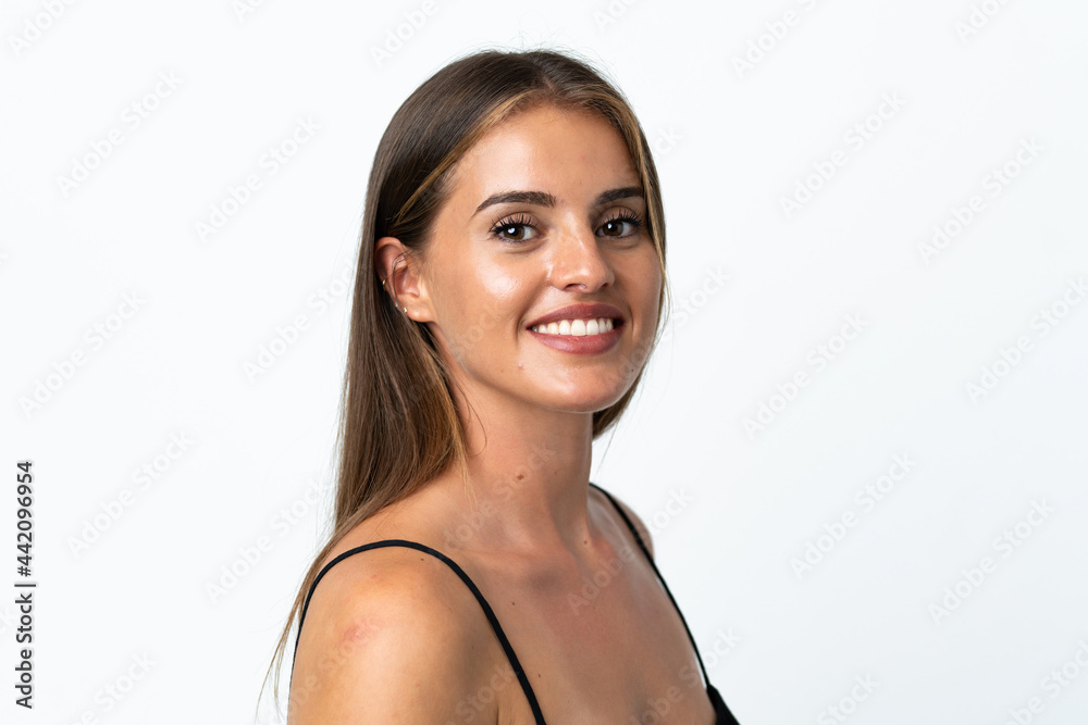 Young Uruguayan woman isolated on white background . Portrait Young Uruguayan woman isolated on white background . Portrait