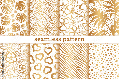 Vector seamless pattern. Gold hand drawn background. Repeated pattern. Set of repeating abstract golden texture. Collection patern for design wallpapers, gift wrappers, curtains, cases, tiles, prints