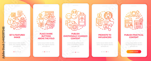 Create engaging content tips onboarding mobile app page screen. Emotional content walkthrough 5 steps graphic instructions with concepts. UI, UX, GUI vector template with linear color illustrations
