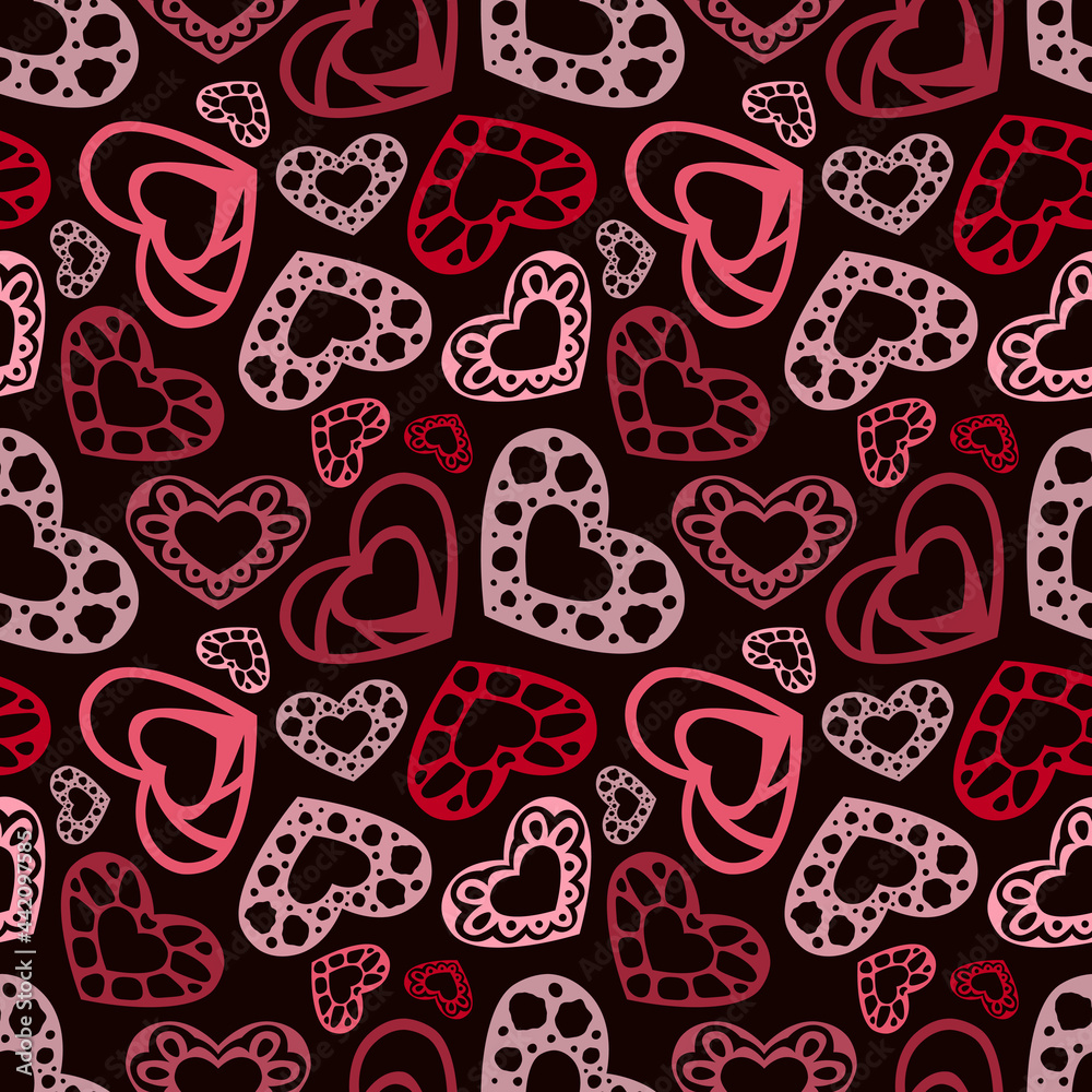 Heart semless pattern red pink ornate hearts on dark background