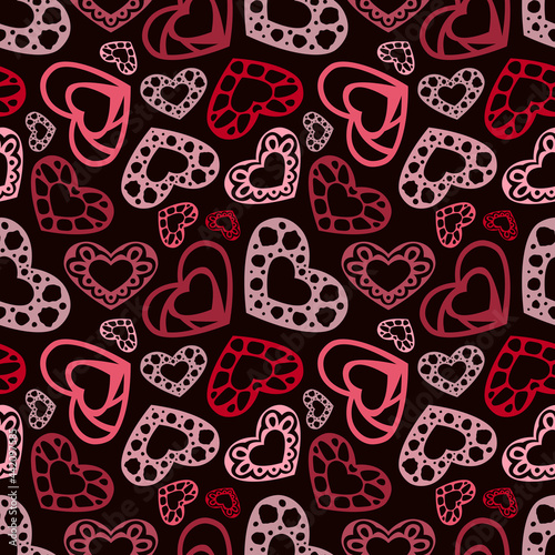 Heart semless pattern red pink ornate hearts on dark background