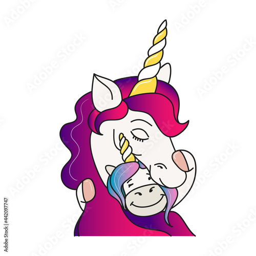 Little unicorn-baby hugs unicorn-mother. Cute vector illustration isolated on white background. Happiness and love concept. Best mother ever