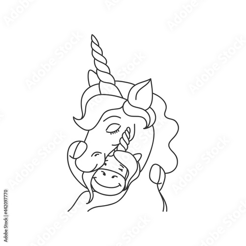 A little unicorn-baby hugs unicorn-mother for coloring. Cute vector illustration in outline isolated on white background. Happiness and love concept. Best mother ever