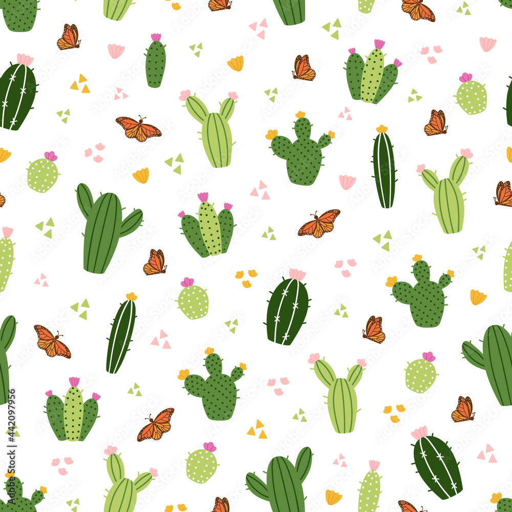 Bright summer seamless print with green cactuses and monarch butterflies on a white background. Hand drawn cartoon style green prickly Mexican blooming cacti. Pattern for kids textile Bright summer seamless print with green cactuses and monarch butterflies on a white background. Hand drawn cartoon style green prickly Mexican blooming cacti. Pattern for kids textile